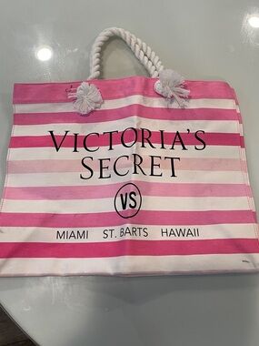 Victoria's Secret Pink & White Striped Tote with Rope Handles